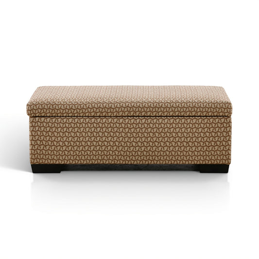 Rectangular storage ottoman with textured tan fabric and hinged lid, dark base