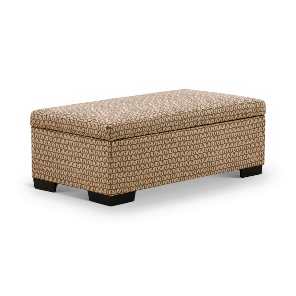 Rectangular storage ottoman with textured tan fabric upholstery and dark legs