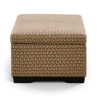 Rectangular storage ottoman with textured tan fabric and closed hinged lid