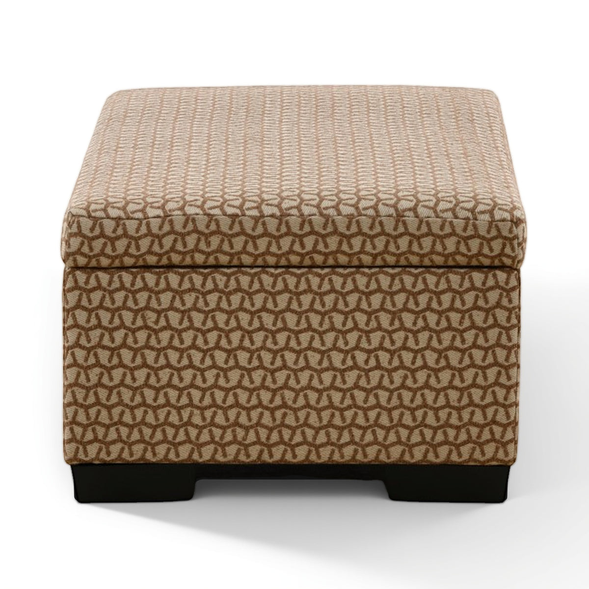 Textured tan storage ottoman with hinged lid closed and dark base panels
