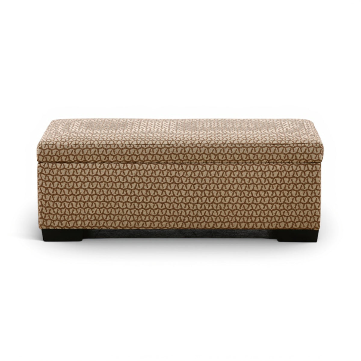 Rectangular storage ottoman with textured tan fabric, closed lid, and dark base