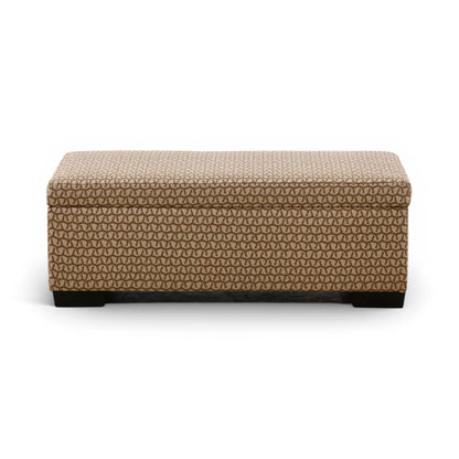 Rectangular storage ottoman with textured tan fabric, closed lid, and dark base