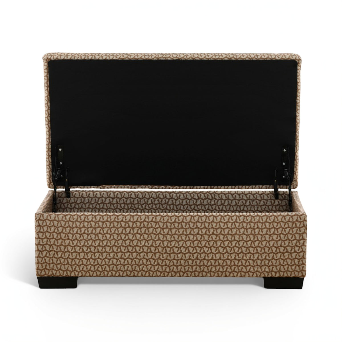 Storage ottoman with open lid revealing black interior; textured tan upholstery and base