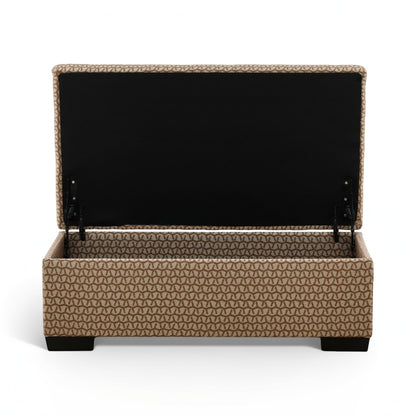 Storage ottoman with open lid revealing black interior; textured tan upholstery and base