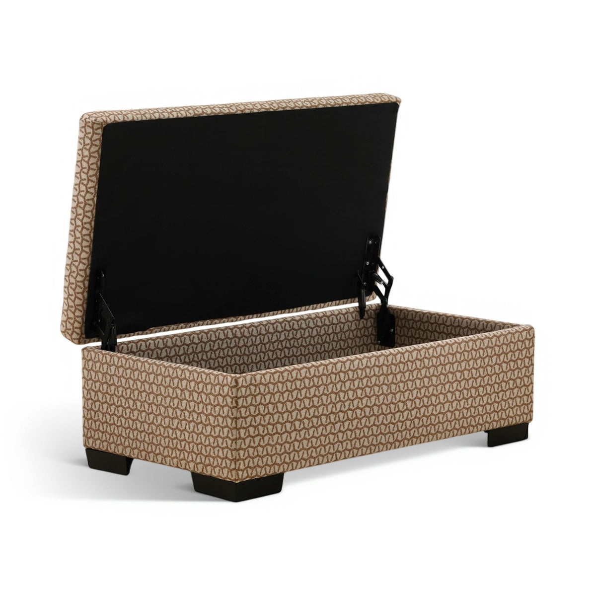 Storage ottoman with open lid; textured tan fabric with black interior and dark feet