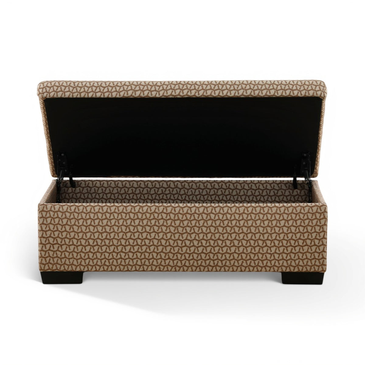 Storage ottoman with open top showing black interior; textured tan fabric, dark base