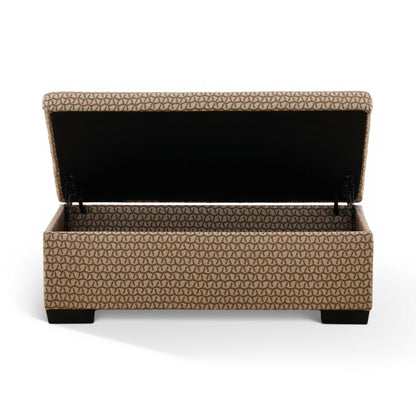 Storage ottoman with open top showing black interior; textured tan fabric, dark base
