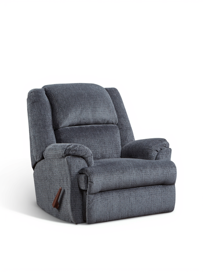 Indigo rocker recliner chair with padded backrest, contoured arms, and pull handle