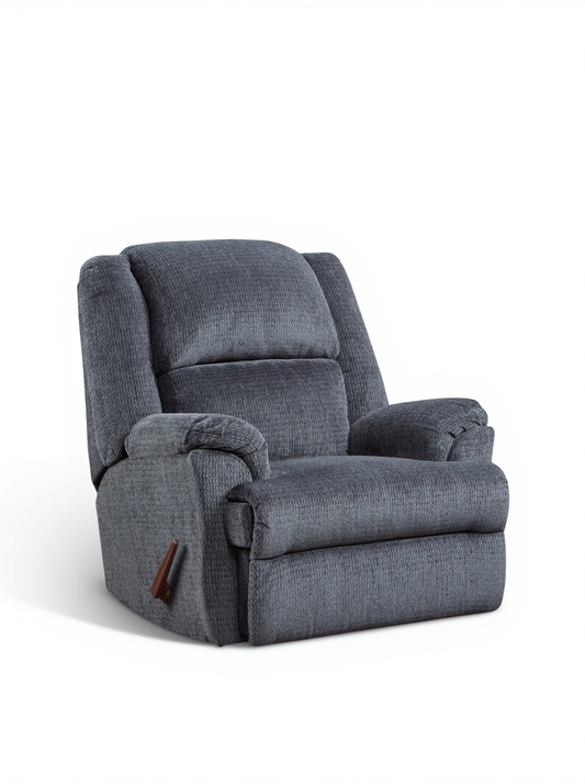 Indigo rocker recliner chair with padded backrest, contoured arms, and pull handle