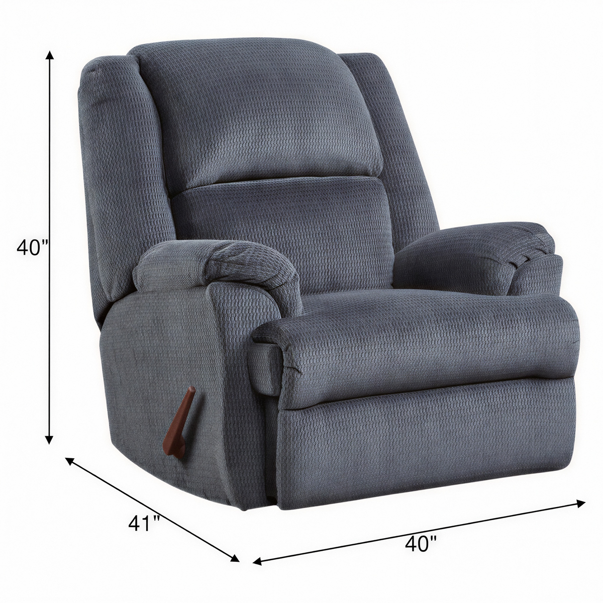 Indigo rocker recliner chair with wide padded arms, cushioned back, and pull handle