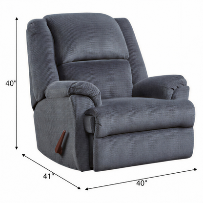 Indigo rocker recliner chair with wide padded arms, cushioned back, and pull handle