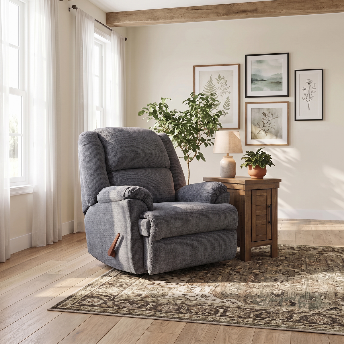 Gray rocker recliner chair with padded arms, tufted back, side control handle