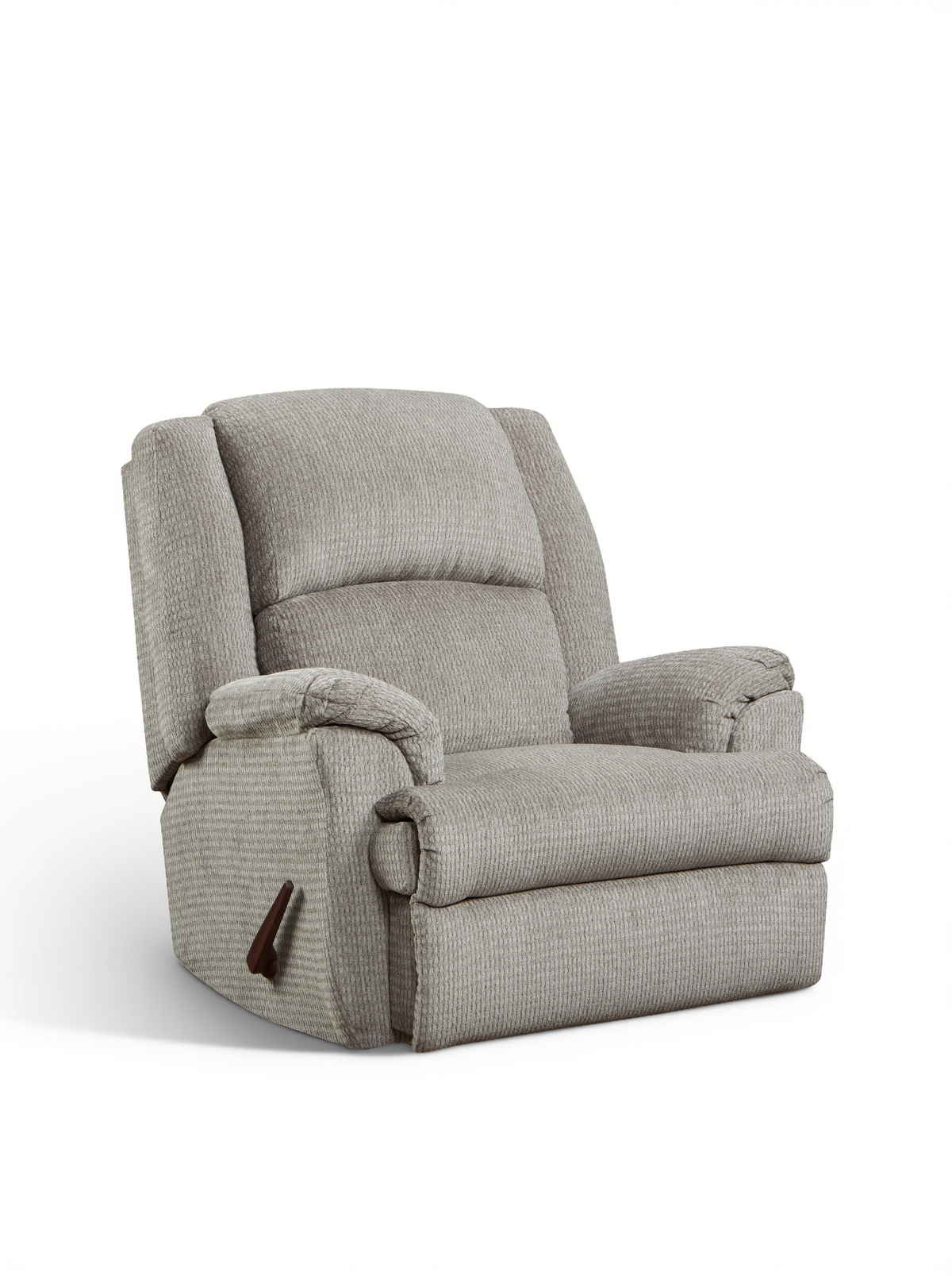 Mocha rocker recliner chair shown from the side, with padded back and armrests