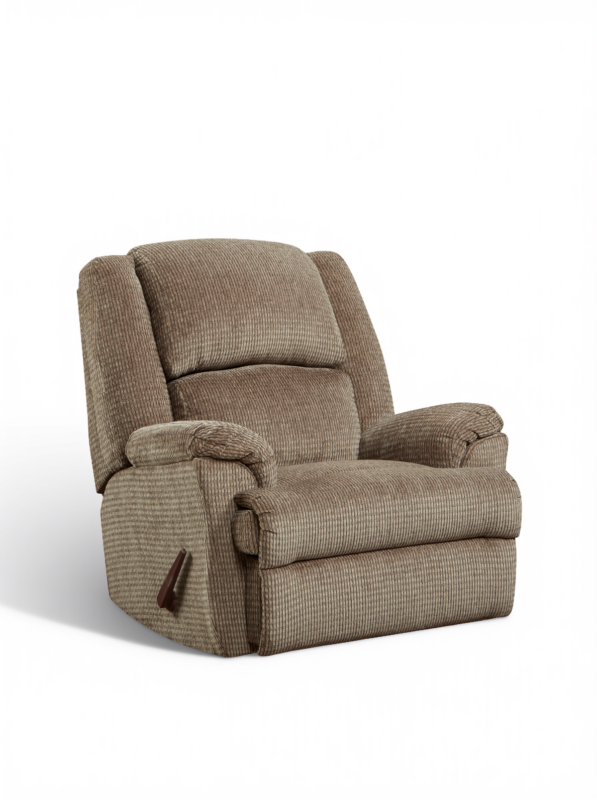 Mocha rocker recliner chair with padded back, contoured arms, and pull handle