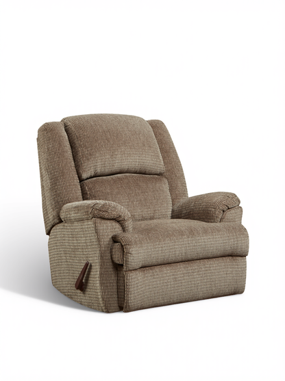 Mocha rocker recliner chair with padded back, contoured arms, and pull handle