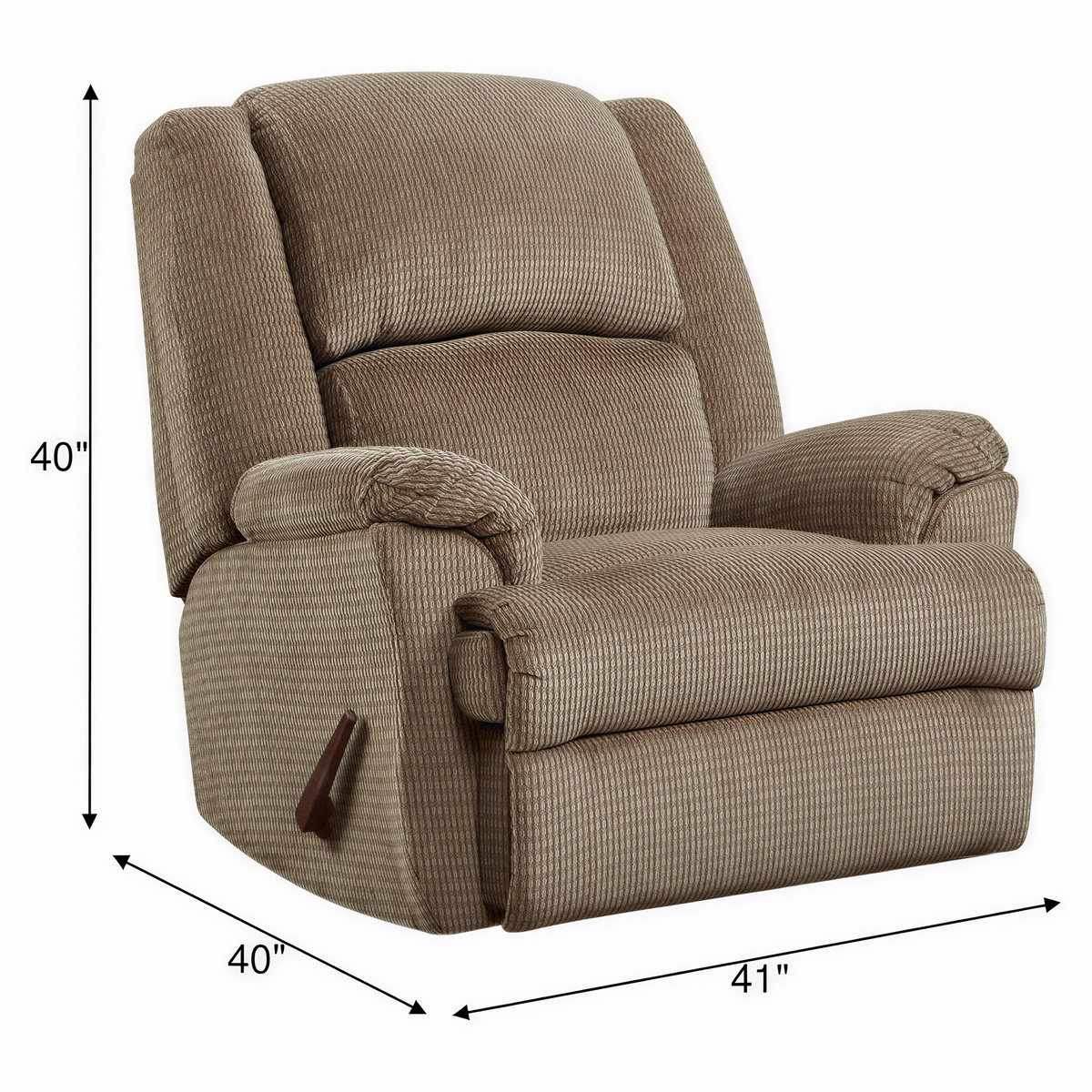 Mocha rocker recliner chair with cushioned back and seat, pull handle and arm pads