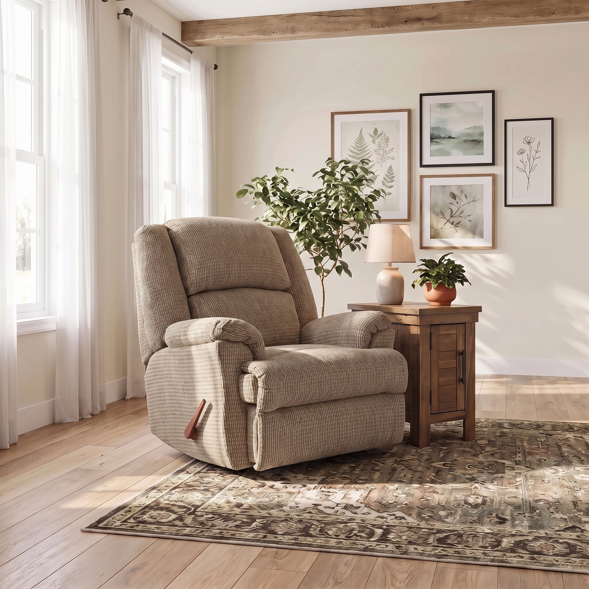 Taupe rocker recliner chair with padded arms, tufted back, side control handle