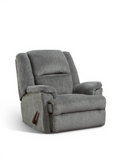 Pewter rocker recliner chair with padded back and wide armrests, pull handle detail