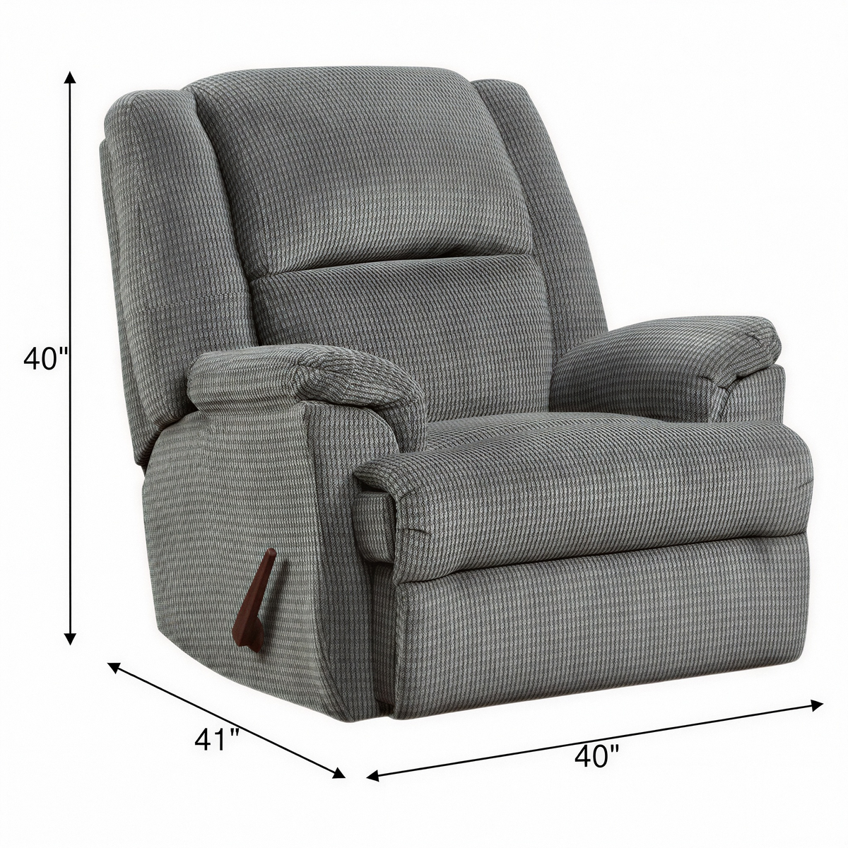 Pewter rocker recliner chair with textured fabric, padded backrest and pull handle