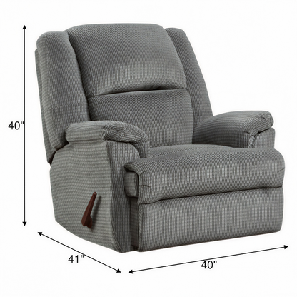 Pewter rocker recliner chair with textured fabric, padded backrest and pull handle