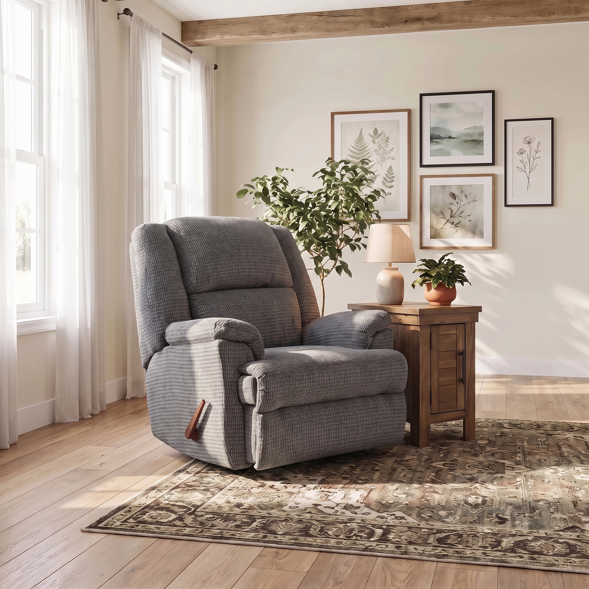 Gray rocker recliner chair with cushioned back, padded arms, side control handle
