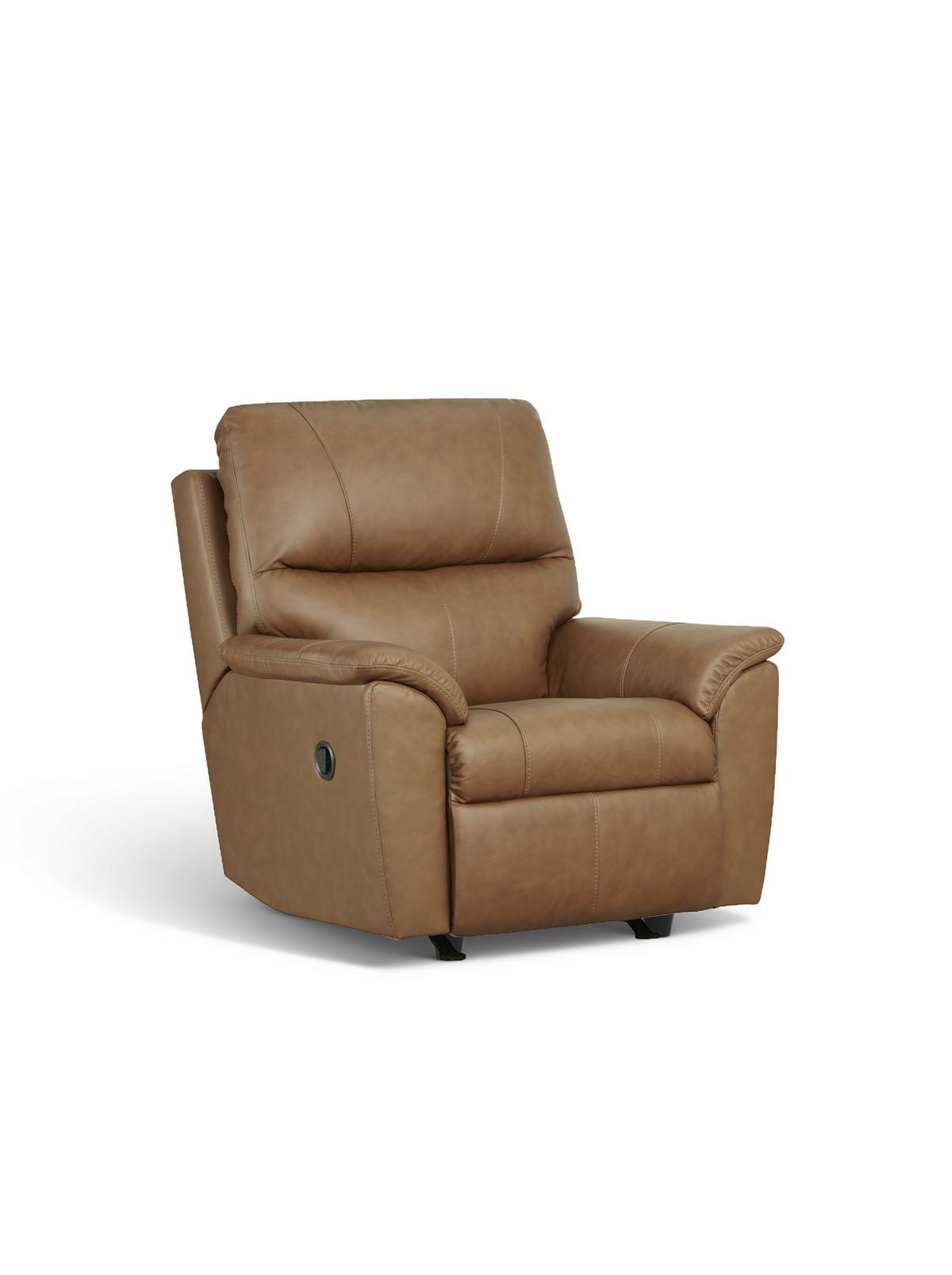 Brown leather rocker recliner chair with padded armrests and reclining headrest