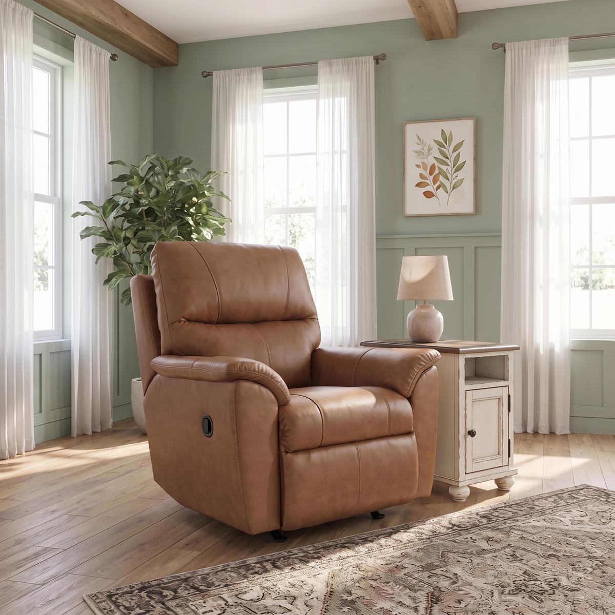 Brown leather rocker recliner with padded arms, plush back, and side control lever.