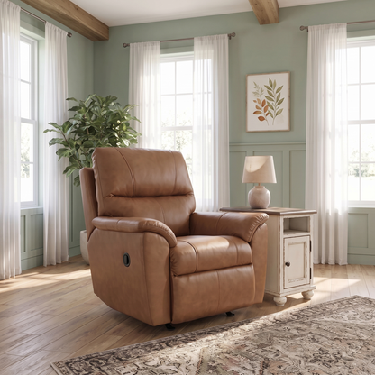 Brown leather rocker recliner with padded arms, plush back, and side control lever.