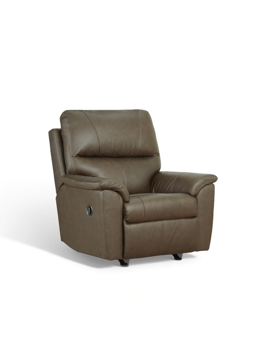 Dark brown leather rocker recliner chair with padded arms and arched back cushion