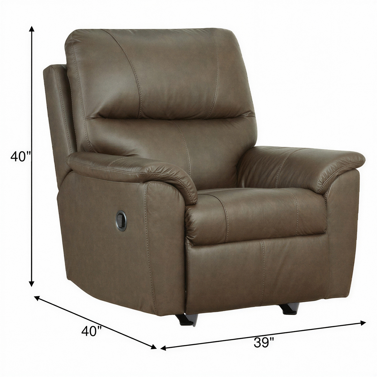 Espresso leather rocker recliner chair with side button detail and cushioned arms