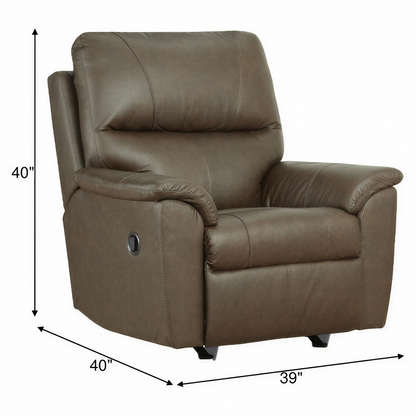 Espresso leather rocker recliner chair with side button detail and cushioned arms