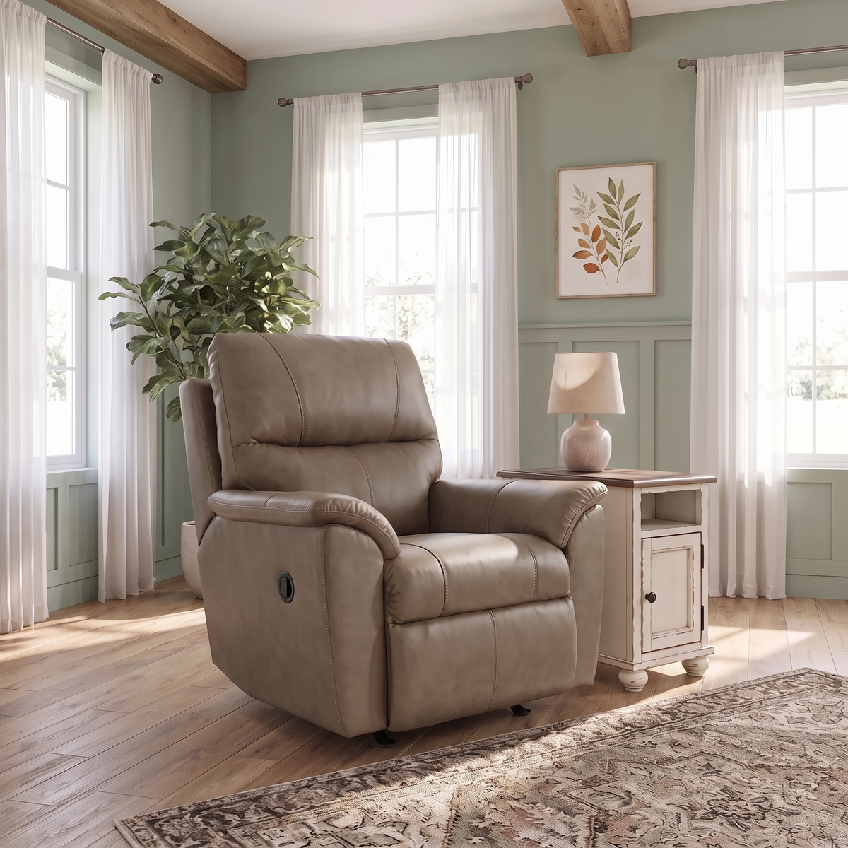 Taupe leather rocker recliner with padded arms, plush back, and side control lever.