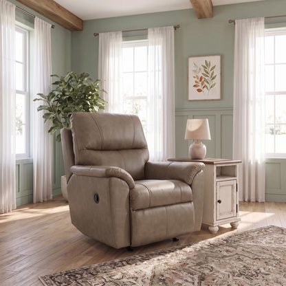 Taupe leather rocker recliner with padded arms, plush back, and side control lever.