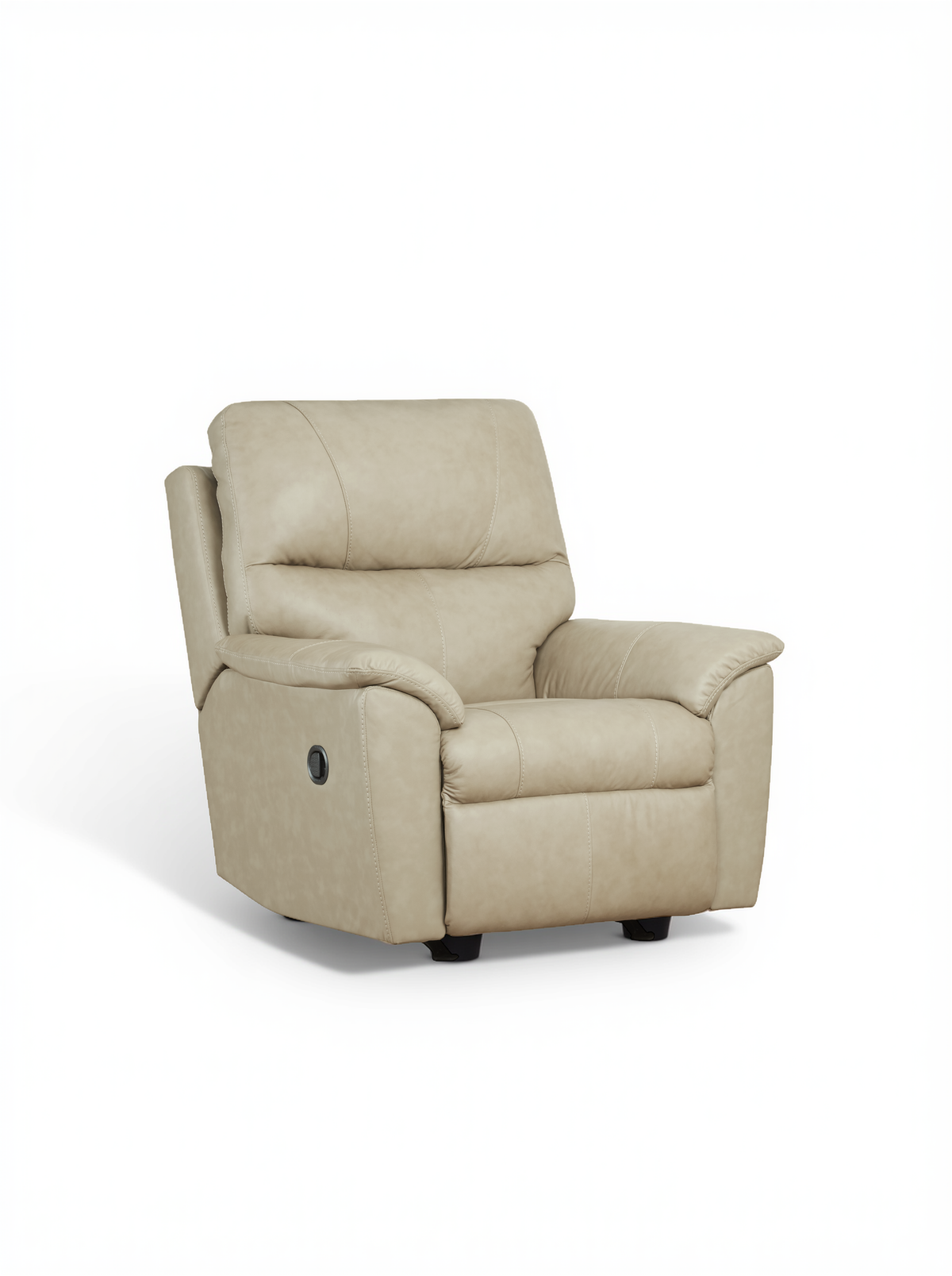Light beige leather rocker recliner chair with curved armrests and cushioned back
