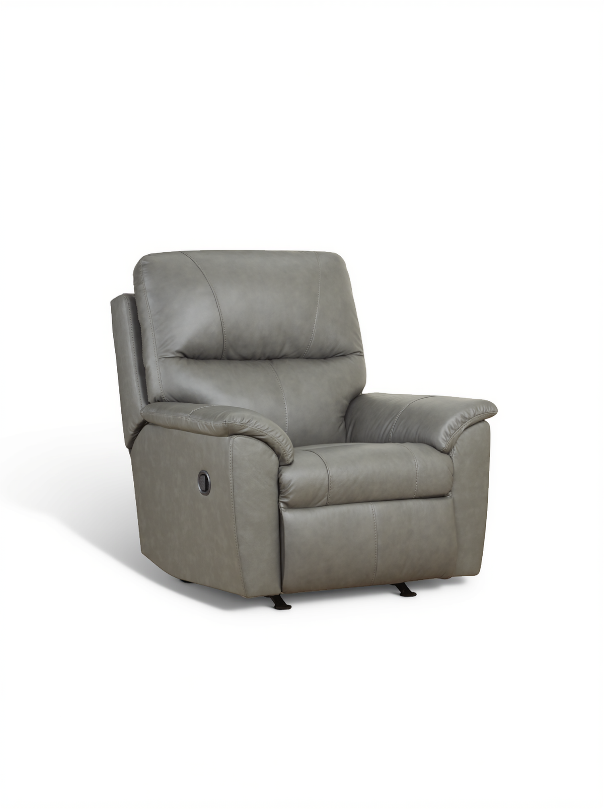Gray leather rocker recliner chair with button-tufted side panel and padded arms