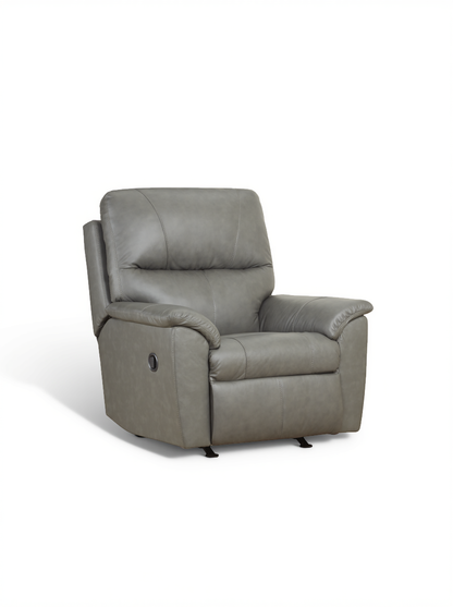 Gray leather rocker recliner chair with button-tufted side panel and padded arms
