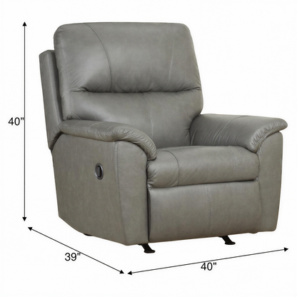 Charcoal leather rocker recliner chair with padded arms and stitched back cushions