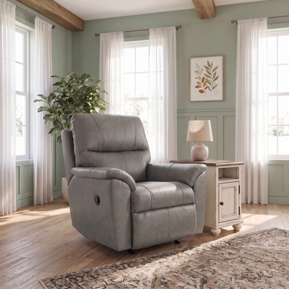 Charcoal gray leather rocker recliner with padded arms, plush back, and side control lever.