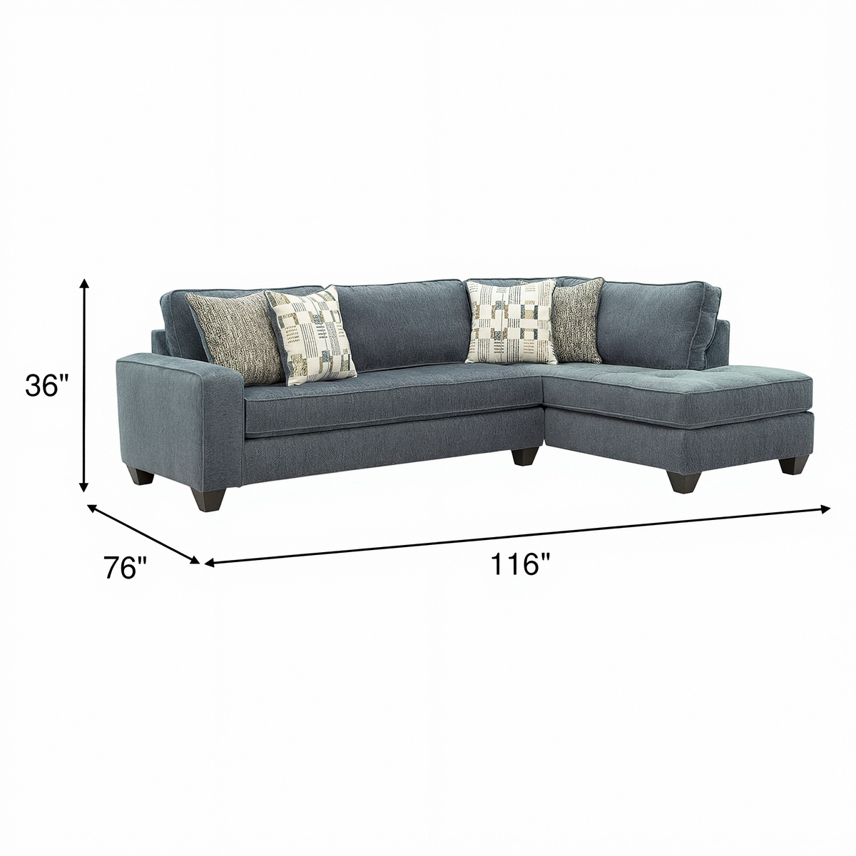 Dark gray sectional sofa with chaise, 76 x 116 in; height 36 in