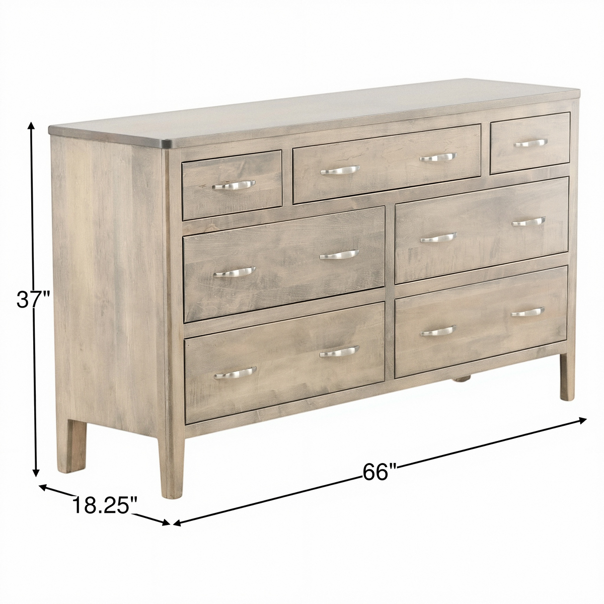 Wood dresser with multiple drawers and brushed metal pulls, straight legs