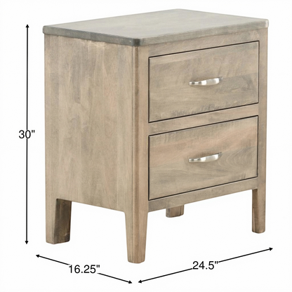 Light wood nightstand with two drawers, brushed metal pulls, and square legs