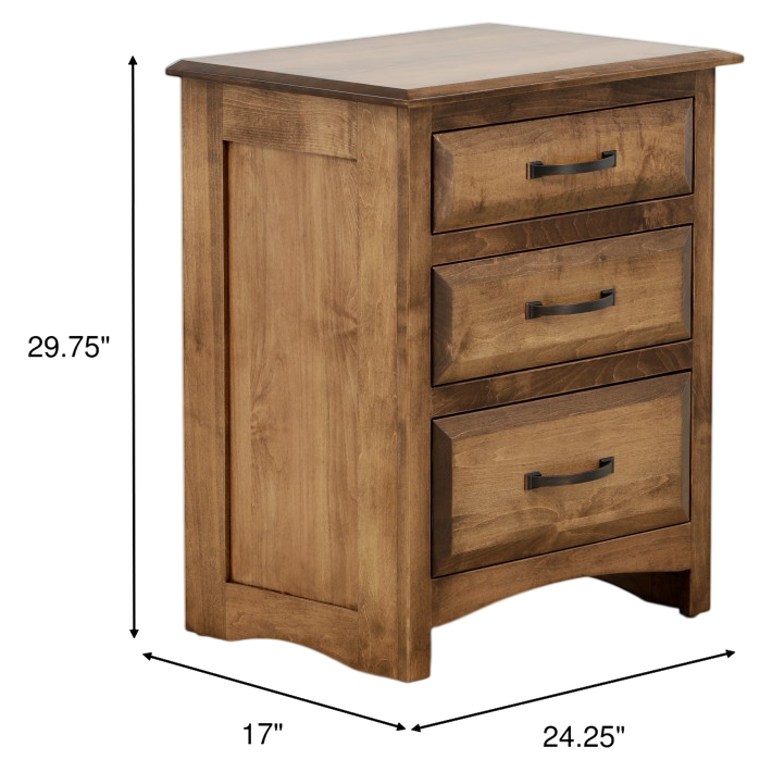 Wooden nightstand with three drawers and metal bar pulls, square legs and rounded corners.