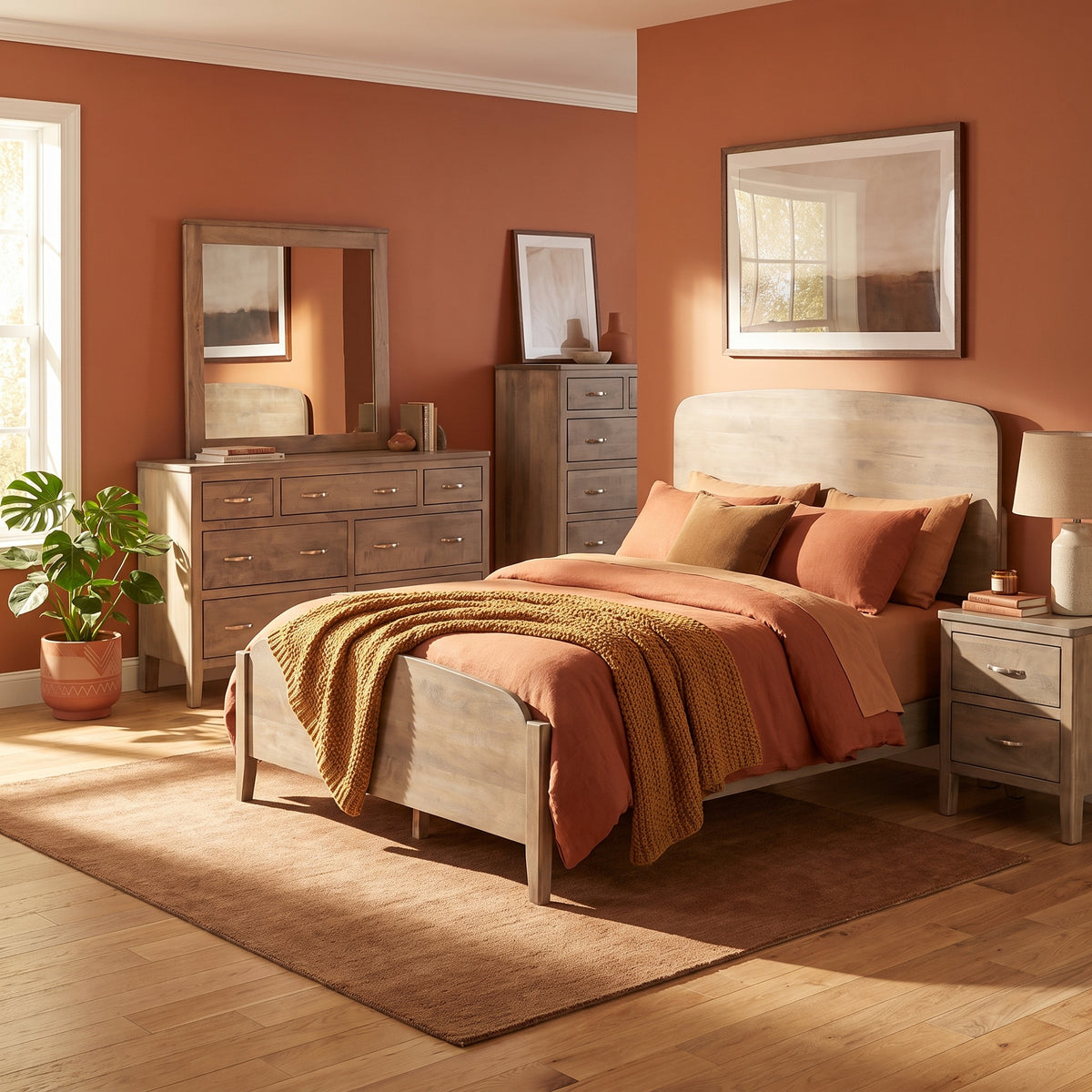 Platform bed with arched upholstered headboard, light gray frame, white mattress