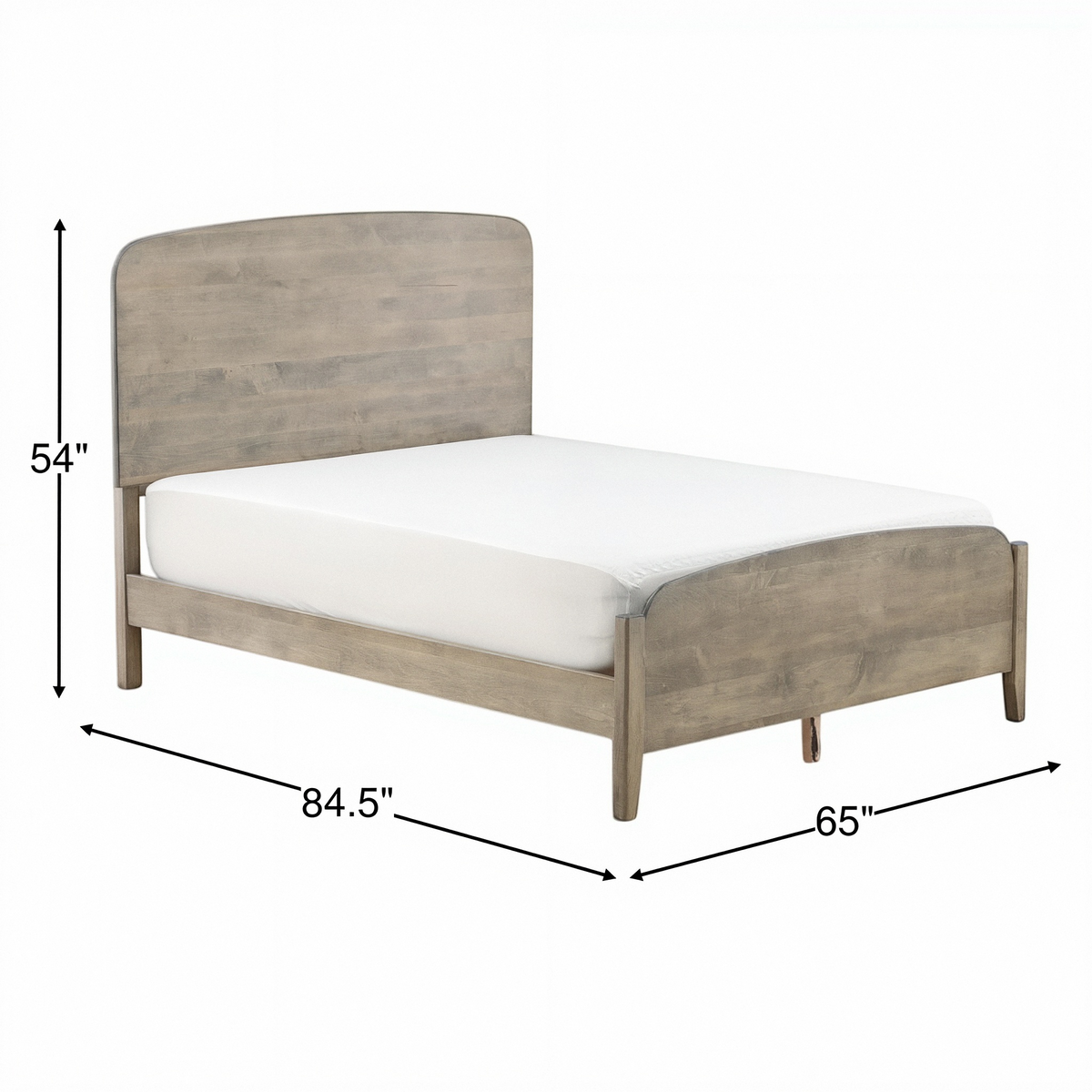 Platform bed with upholstered headboard, light gray wood frame, white mattress