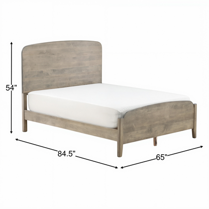 Platform bed with upholstered headboard, light gray wood frame, white mattress
