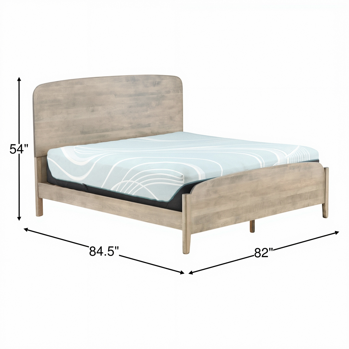 Platform bed dimensions: 84.5 in wide x 82 in long x 54 in high, gray-wash frame