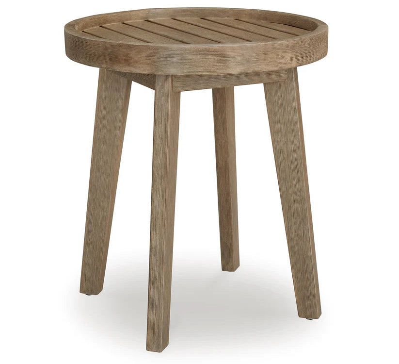 Wooden side table with a round top and four legs on a white background
