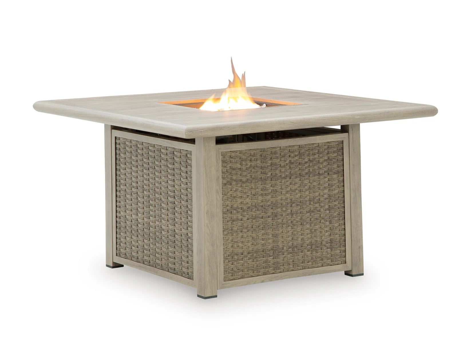 Fire pit table with wicker sides on a white background