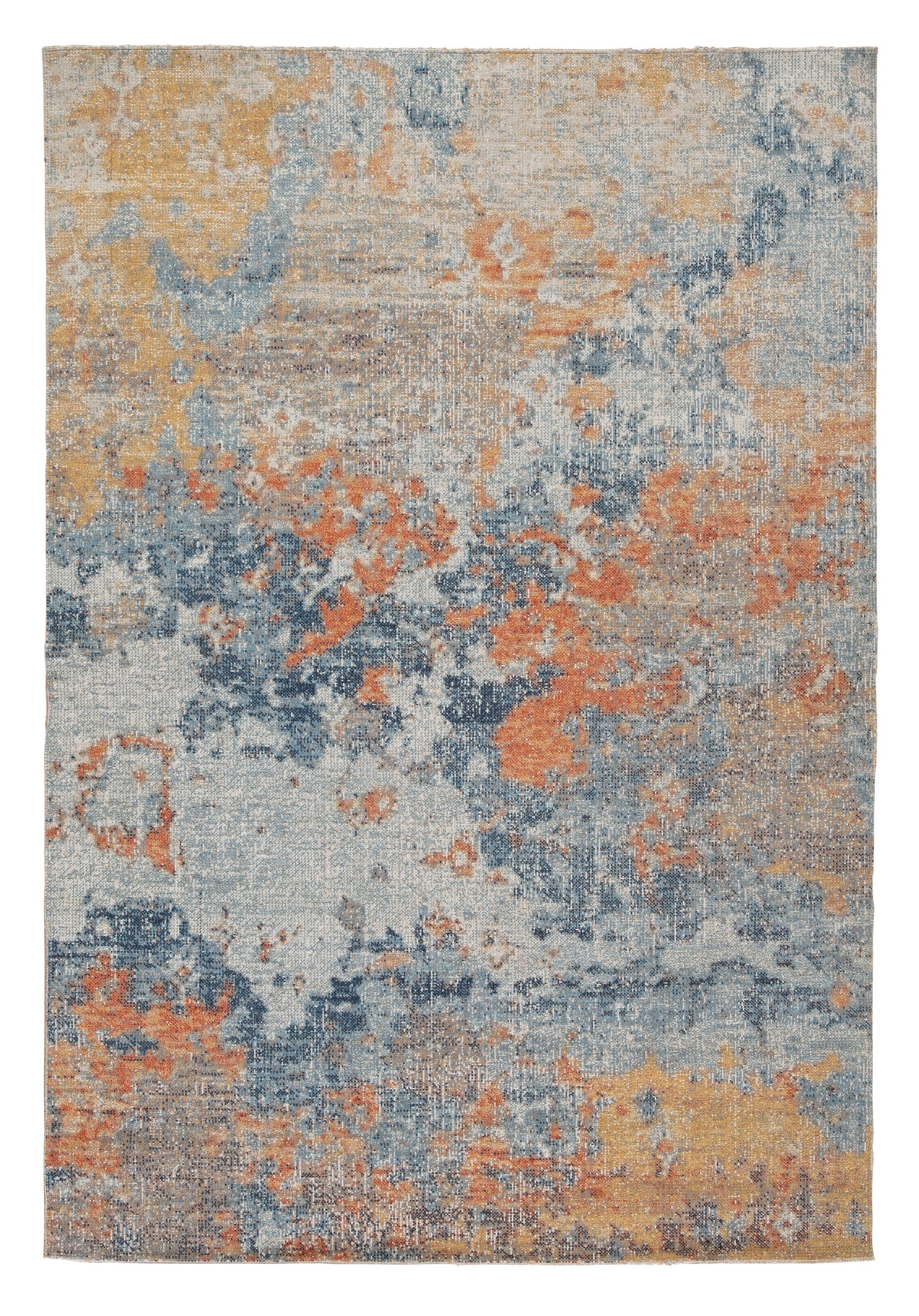 Multicolored area rug with abstract pattern on a plain background