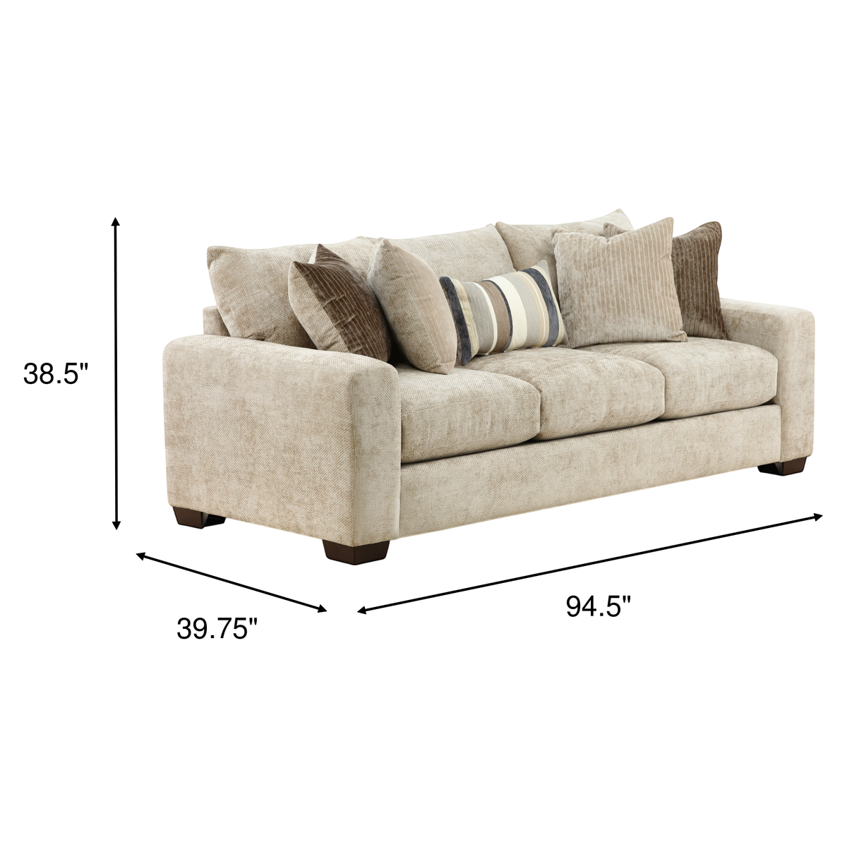Beige fabric sofa with rolled arms, three decorative pillows, and two seat cushions